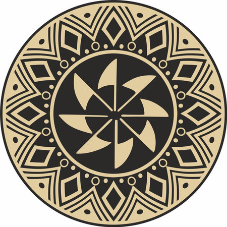 Native American vector round gold with black pattern. Geometric shapes in a circle. National ornament of the peoples of America, Maya, Aztecs, Incasのイラスト素材