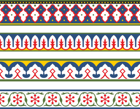 Vector set of endless colored national Persian ornaments. Seamless frame, border, ethnic pattern of the peoples of Iran, Iraq, Tajikistanのイラスト素材