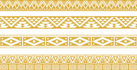 Vector set of golden native american ornamental seamless borders. Framework of the peoples of America, Aztecs, Maya, Incas.のイラスト素材