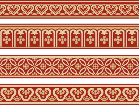 Vector gold and red set of seamless Chinese borders. Endless ornaments of oriental peoples, korea, taiwan, china, hong kong, indonesiaのイラスト素材