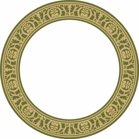 Vector round gold with green border, frame, Pompeii ring. Circle Neopolitan ornament. Art of Ancient Rome.のイラスト素材