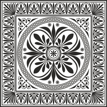 Vector black monochrome classic Greek square ornament. Rectangle of Ancient Greece and Roman Empire. Byzantine painting of walls, floors and ceilings. Decoration of European palaces.のイラスト素材