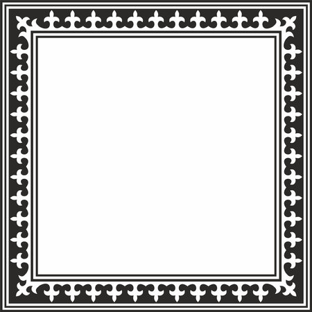 Vector black monochrome square Kazakh national ornament. Ethnic pattern of the peoples of the Great Steppe, Mongols, Kyrgyz, Kalmyks, Buryats. Square frame border.のイラスト素材