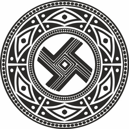Native American vector round monochrome pattern. Geometric shapes in a circle. National ornament of the peoples of America, Maya, Aztecs, Incas.のイラスト素材