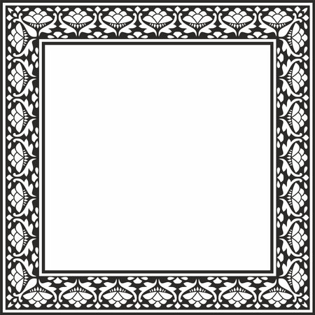 Vector black monochrome square national Indian ornament. Rectangle, border, ethnic Hindu frame.のイラスト素材