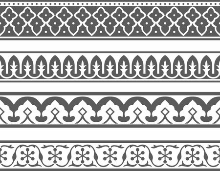 Vector set of endless monochrome black national Persian ornaments. Seamless frame, border, ethnic pattern of the peoples of Iran, Iraq, Tajikistanのイラスト素材