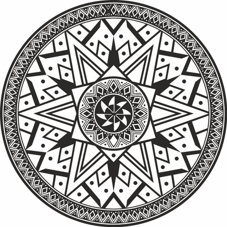 Native American vector round monochrome pattern. Geometric shapes in a circle. National ornament of the peoples of America, Maya, Aztecs, Incas.のイラスト素材