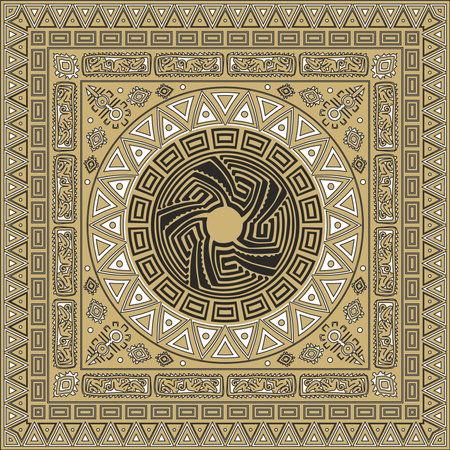 Vector black and gold native american folk ornament. Square pattern, scarf of the peoples of America, Aztec, Incas, Mayaのイラスト素材