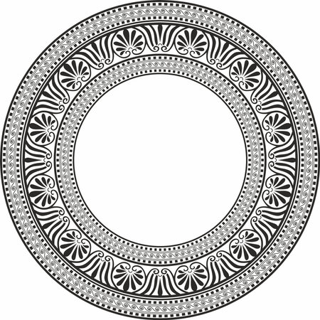 Vector black monochrome classic Greek round ornament. Circle of Ancient Greece and the Roman Empire. Byzantine painting of walls, floors and ceilings. Decoration of European palaces.のイラスト素材