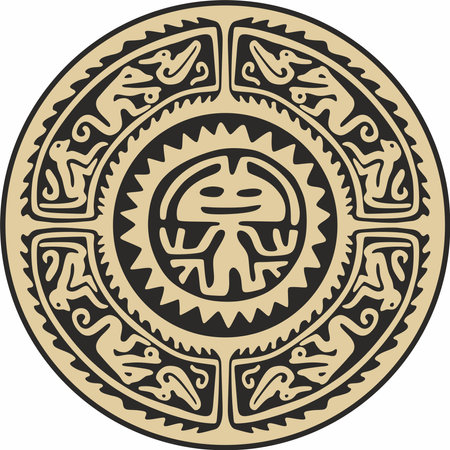Native American vector round gold with black pattern. Geometric shapes in a circle. National ornament of the peoples of America, Maya, Aztecs, Incasのイラスト素材