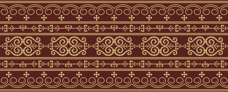 Vector gold and red seamless Yakut ornament. Endless border, frame of the northern peoples of the Far East.のイラスト素材