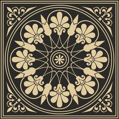 Vector gold and black classic Greek square ornament. Rectangle of Ancient Greece and Roman Empire. Byzantine painting of walls, floors and ceilings. Decoration of European palaces.のイラスト素材