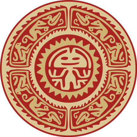 Native American vector round gold with red pattern. Geometric shapes in a circle. National ornament of the peoples of America, Maya, Aztecs, Incas.のイラスト素材