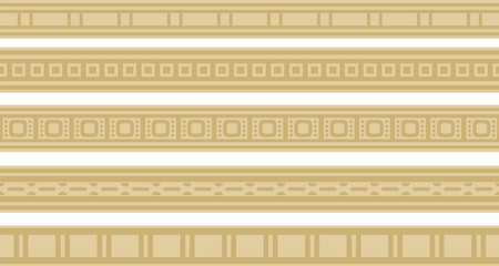 Vector set of golden seamless Egyptian borders. Endless Ornaments of Ancient Egypt. Geometric African frame.のイラスト素材