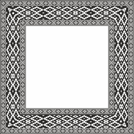 Vector black monochrome square Belarusian national ornament frame. Ethnic pattern rectangle of Slavic peoples, Russian, Ukrainian, Serb, Pole, Bulgarian. Cross stitch templateのイラスト素材