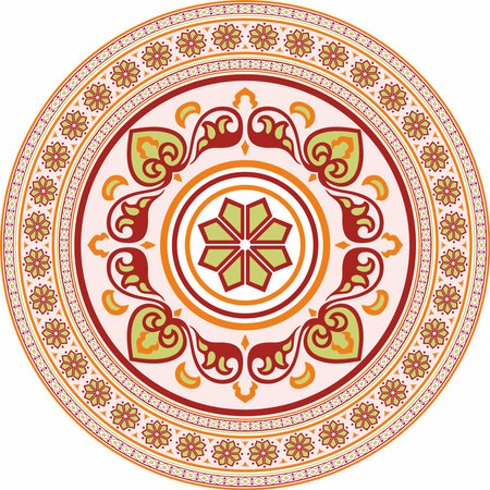 Vector round colored ancient Russian ornament. Slavic border, frame. Circle, ring. Painting of the royal chambers.のイラスト素材