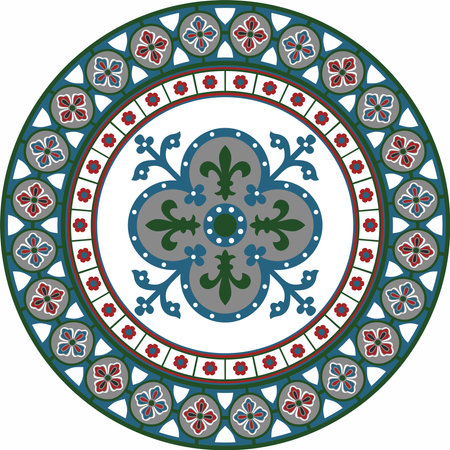 Vector colored round gothic ornament. Medieval European circle, ring, border. Classic pattern of the Germans, Angles, Saxons, Franks.のイラスト素材