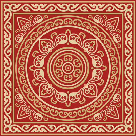 Vector square gold with red ancient Russian ornament. Slavic rectangle, border, frame. Painting of the royal chambers.のイラスト素材