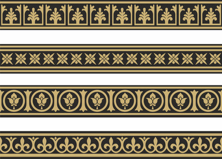Vector set of gold and black seamless classic byzantine ornament. Endless border, Ancient Greece, Eastern Roman Empire frame. Decoration of the Russian Orthodox Churchのイラスト素材