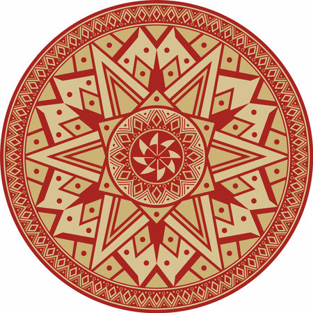 Native American vector round gold with red pattern. Geometric shapes in a circle. National ornament of the peoples of America, Maya, Aztecs, Incas.のイラスト素材