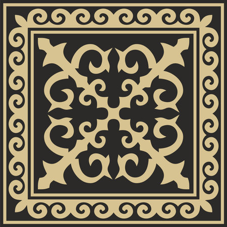 Vector golden with black Square Kazakh national ornament. Ethnic pattern of the peoples of the Great Steppe, Mongols, Kyrgyz, Kalmyks, Buryats.のイラスト素材