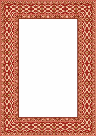 Vector red gold square belarusian national ornament frame. Ethnic pattern rectangle of Slavic peoples, Russian, Ukrainian, Serb, Pole, Bulgarian. Cross stitch templateのイラスト素材