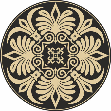 Vector gold with black classic Greek round ornament. Circle of Ancient Greece and the Roman Empire. Byzantine painting of walls, floors and ceilings. Decoration of European palaces.のイラスト素材
