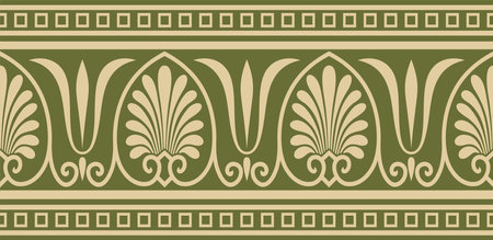 Vector gold and green seamless classic green ornament. Endless European pattern. Border, frame Ancient Greece, Roman Empire.のイラスト素材