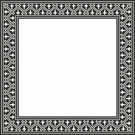 Vector square european black monochrome ornament. Rectangular pattern, circle, ring of the Middle Ages. Revival border. Decorations of palaces and churches.のイラスト素材