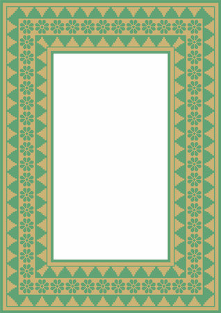 Vector square Assyrian gold with green ornament. Rectangle, border, frame of Mesopatamia. Pattern of the ancient East.のイラスト素材