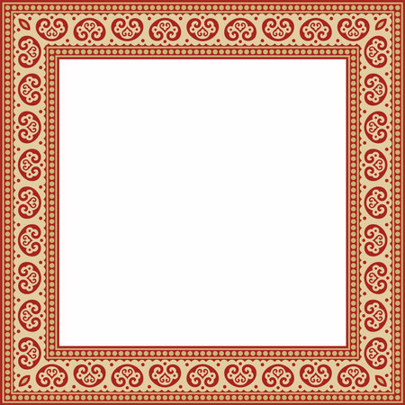 Vector square gold with red ancient Russian ornament. Slavic rectangle, border, frame. Painting of the royal chambers.のイラスト素材