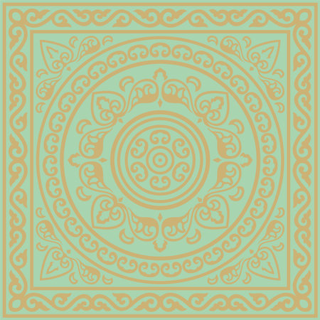 Vector square gold with green ancient Russian ornament. Slavic rectangle, border, frame. Painting of the royal chambers.のイラスト素材