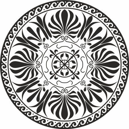 Vector black monochrome classic Greek round ornament. Circle of Ancient Greece and the Roman Empire. Byzantine painting of walls, floors and ceilings. Decoration of European palaces.のイラスト素材