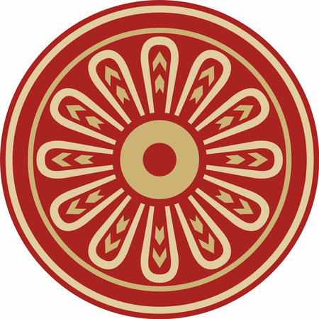Vector round Assyrian gold with red ornament. Circle, border, frame of Mesopatamia. Pattern, ring of the ancient East.のイラスト素材