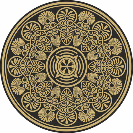 Vector gold with black classic Greek round ornament. Circle of Ancient Greece and the Roman Empire. Byzantine painting of walls, floors and ceilings. Decoration of European palaces.のイラスト素材
