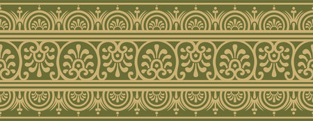Vector seamless gold with green border, Pompeii frame. Endless Neopolitan ornament. Art of Ancient Rome.のイラスト素材