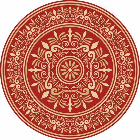 Classic Greek red and gold round ornament. Vector pattern, circle of ancient Hellenes. European border - ring.のイラスト素材