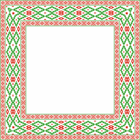 Vector red green square Belarusian national ornament frame. Ethnic pattern rectangle of Slavic peoples, Russian, Ukrainian, Serb, Pole, Bulgarian. Cross stitch templateのイラスト素材