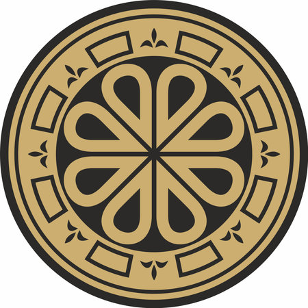 Vector gold and black round ancient Byzantine ornament. Classical circle of the Eastern Roman Empire, Greece. Pattern motifs of Constantinople.のイラスト素材