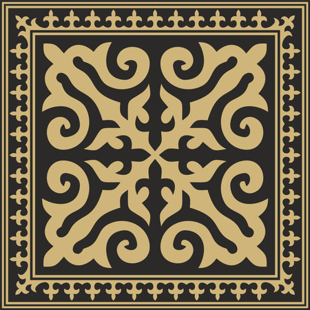 Vector golden with black Square Kazakh national ornament. Ethnic pattern of the peoples of the Great Steppe, Mongols, Kyrgyz, Kalmyks, Buryats.のイラスト素材