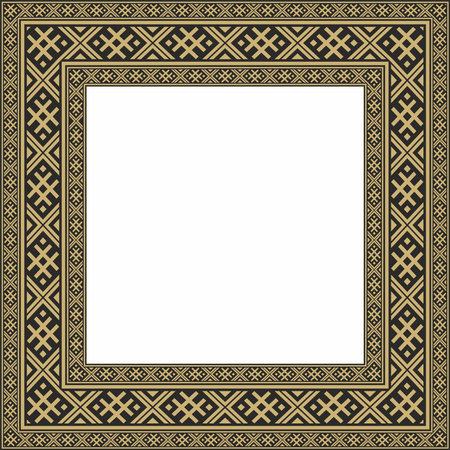 Vector gold and black square Belarusian national ornament frame. Ethnic pattern rectangle of Slavic peoples, Russian, Ukrainian, Serb, Pole, Bulgarian. Cross stitch templateのイラスト素材