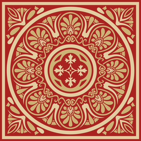 Vector gold with red classic Greek square ornament. Rectangle of Ancient Greece and Roman Empire. Byzantine painting of walls, floors and ceilings. Decoration of European palaces.のイラスト素材