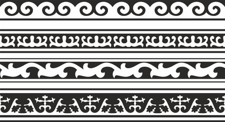 Vector set of black monochrome seamless Kazakh national ornament. Ethnic endless pattern of the peoples of the Great Steppe, Mongols, Kyrgyz, Kalmyks, Buryats. frame border.のイラスト素材