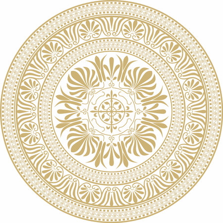 Vector golden classic Greek round ornament. Circle of Ancient Greece and the Roman Empire. Byzantine painting of walls, floors and ceilings. Decoration of European palaces.のイラスト素材