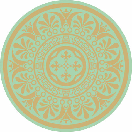 Vector gold with green classic Greek round ornament. Circle of Ancient Greece and the Roman Empire. Byzantine painting of walls, floors and ceilings. Decoration of European palaces.のイラスト素材