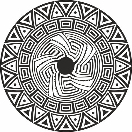 Native American vector round monochrome pattern. Geometric shapes in a circle. National ornament of the peoples of America, Maya, Aztecs, Incas.のイラスト素材