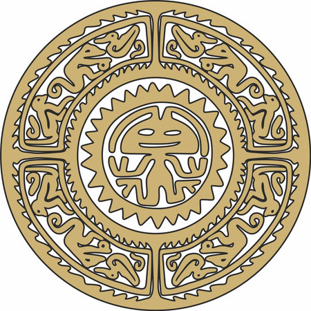 Native American vector round gold with black pattern. Geometric shapes in a circle. National ornament of the peoples of America, Maya, Aztecs, Incasのイラスト素材