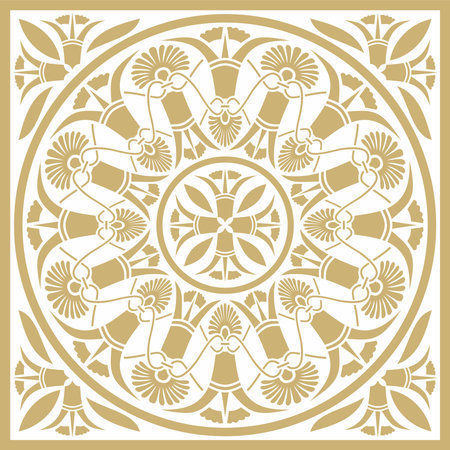 Vector golden classic Greek square ornament. Rectangle of Ancient Greece and Roman Empire. Byzantine painting of walls, floors and ceilings. Decoration of European palaces.のイラスト素材