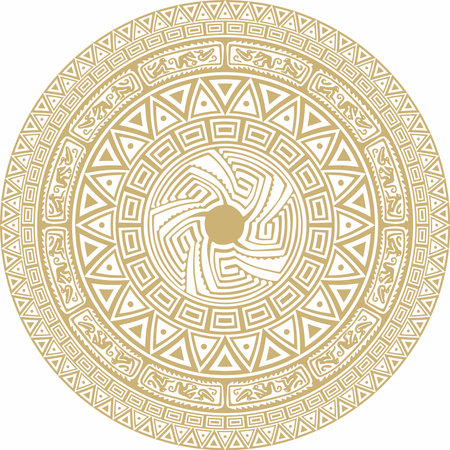 Native American vector round gold pattern. Geometric shapes in a circle. National ornament of the peoples of America, Maya, Aztecs, Incasのイラスト素材