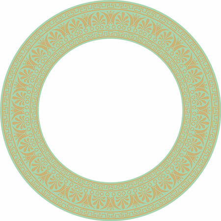 Vector gold with green classic Greek round ornament. Circle of Ancient Greece and the Roman Empire. Byzantine painting of walls, floors and ceilings. Decoration of European palaces.のイラスト素材